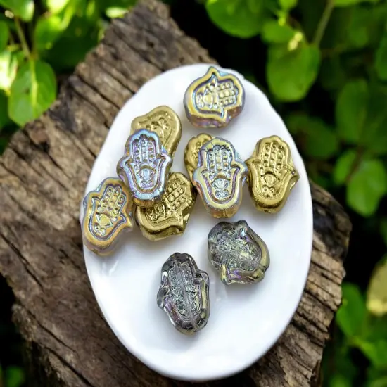 *10* 15x10mm Gold Lustered Washed Crystal Hamsa Hand Beads {2}
