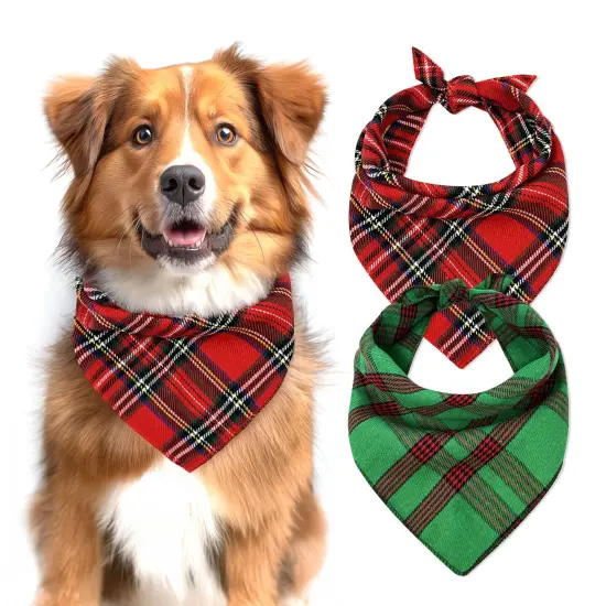 Wrapables Christmas Pet Triangle Bandana, Bib Scarves For Cats and Dogs (Set of 2), Small, Classic Plaid {1}