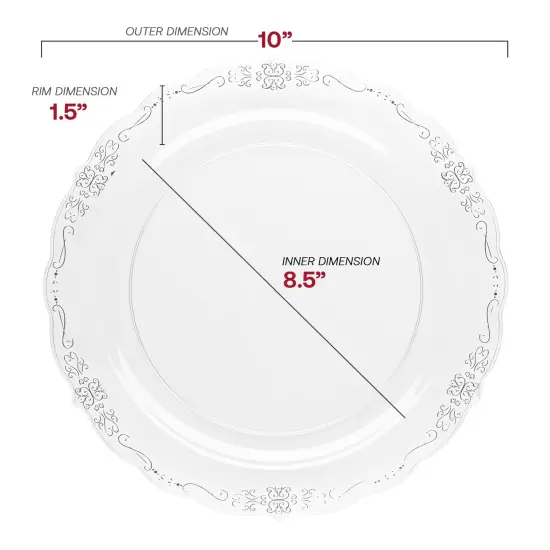Clear with Silver Vintage Rim Round Disposable Plastic Dinner Plates - 10" (120 Plates) {3}