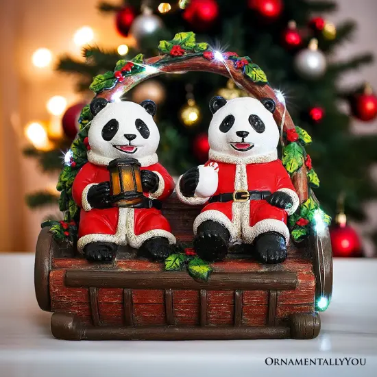 Nostalgic Panda Duo Festive Lighted Figurine, 6" LED Christmas Bear Statue {1}