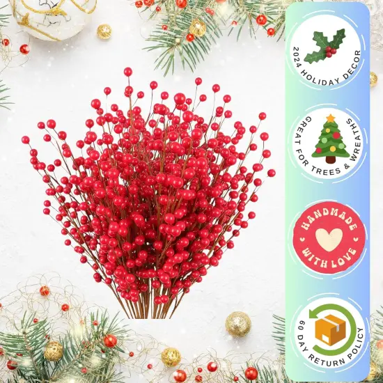 12-Pieces Red Berry Stems, 19", 100% Wired Stem Branches, Holly Berry Sprays for Christmas Tree Decoration, Wreath Decoration, Home DIY Crafts {2}