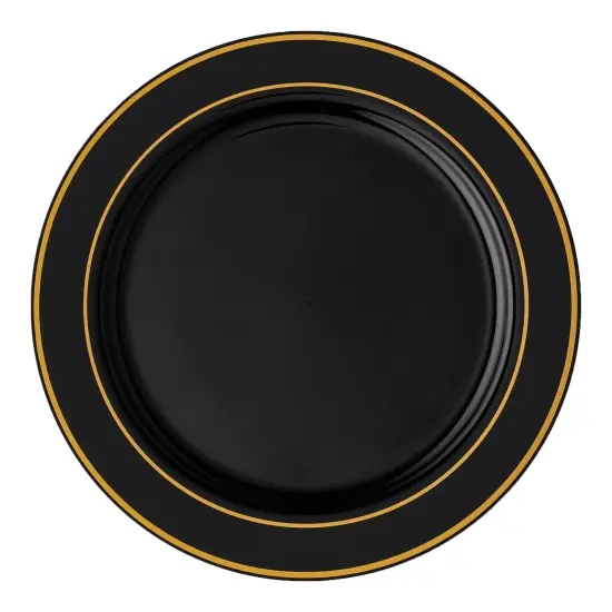 Black with Gold Edge Rim Plastic Dinner Plates - 10.25" (120 Plates) {2}