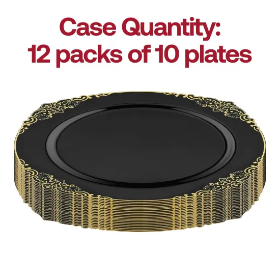 Black with Gold Fancy Round Disposable Plastic Salad Plates - 7.5" (120 Plates) {3}