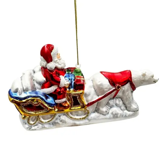 Polar Bear Santa Sleigh Glass Christmas Ornament, Exquisite Handblown Tree Decor {5}