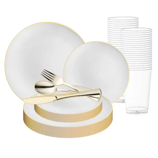 White with Gold Rim Organic Round Disposable Plastic Wedding Value Set (120 Settings) {1}