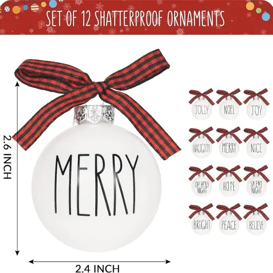 Set of 12 Christmas Ball Ornaments Shatterproof White Bulbs with Buffalo Plaid Bows Farmhouse Christmas Tree Decor Decorative Christmas Tree Hanging Ornaments {5}