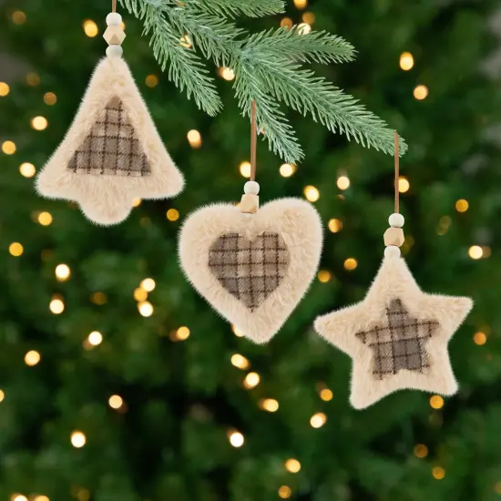 Northlight Plush Tree Star and Heart Shaped Plaid Christmas Ornaments - 4.5" - Tan - Set of 3 Beige {1}