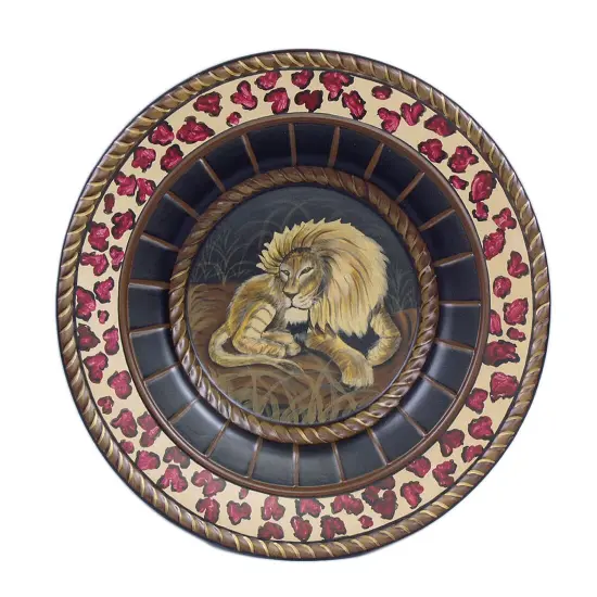 15 Inch Diameter Hand Painted Lion Decorative Plate Brown {1}