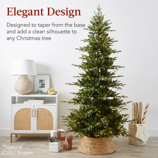 Best Choice Products 24in Woven Hyacinth Christmas Tree Collar, Tree Skirt Accessory w/ Cord Cut-Out Washed White {2}