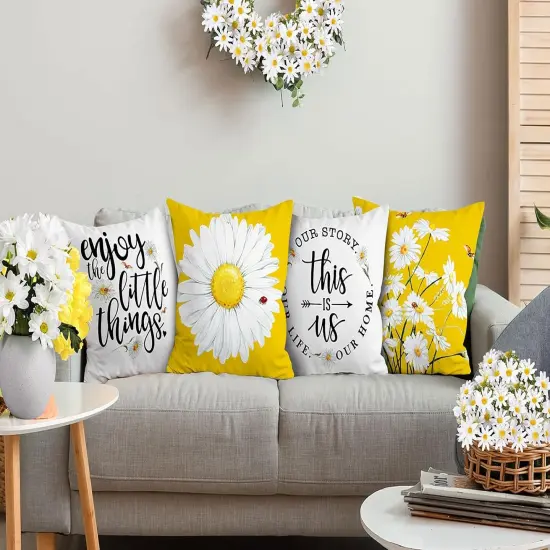 Spring Summer Pillow Covers 18x18 Set of 4, Farmhouse Spring Summer Decor Daisy Floral Yellow Throw Pillow Covers for Couch Sofa Indoor Outdoor Yellow Sunflower Decorations {2}