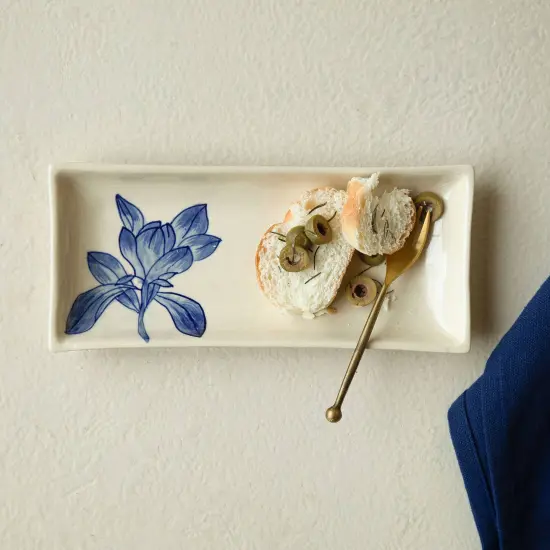 Handcrafted ceramic serving platter with Floral Print - 9.8x4.1x1" {2}