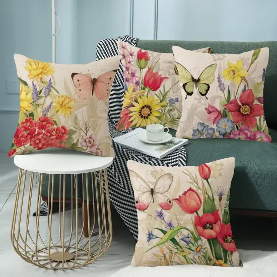 Throw Pillow Covers 16x16 Set of 4 Decorative Spring Pillow Covers Linen Flower Butterfly Farmhouse Pillowcases for Sofa Couch Living Room Outdoor (16" x 16") {5}