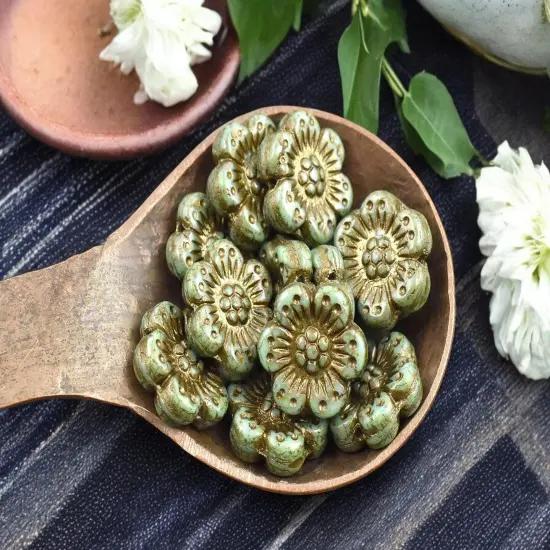 *12* 14mm Dark Bronze Washed Opaque Sage Green Picasso Wildflower Beads {3}