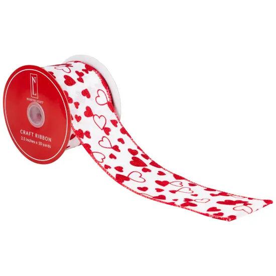 Northlight Glittered Hearts Valentine's Day Wired Craft Ribbon-2.5" x 10 Yards - White and Red {7}