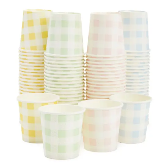 100 Pack 4 Oz Mini Disposable Paper Cups for Espresso, Mouthwash, Tea, Coffee - Gingham Pastel Multicolor {1}