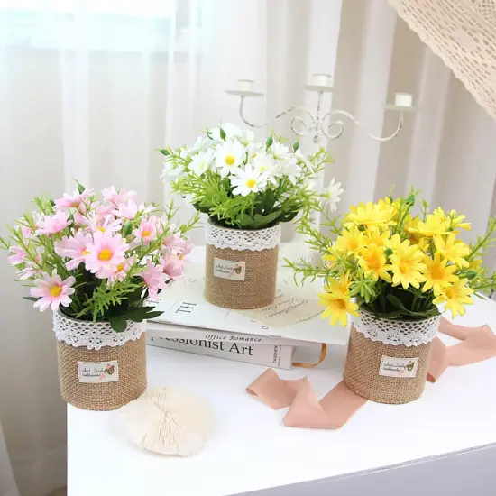 Summer Artificial Potted Flowers - Set of 4 Mini Fake Potted Silk Daisy Flowers {3}