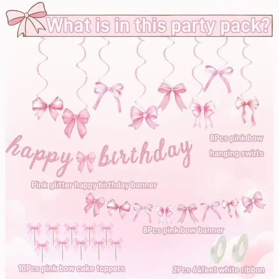 Pink Bow Banner Hanging Swirls with Bowknot Cupcake Toppers Happy Birthday Garland for Baby Shower Girls Pink Bow Room Decor Coquette Birthday Party Decorations {3}