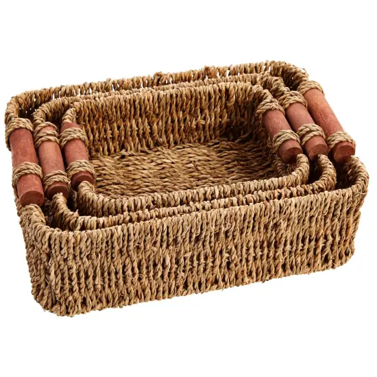 Set of 3 Small Wicker Baskets for Storage, Woven Nesting Bins with Handles for Bathroom Towels and Toilet Paper Organization, Closet, Shelf, Kitchen (3 Assorted Sizes) Brown {7}