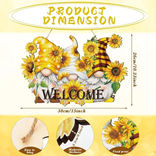 Sunflower Welcome Wood Door Hanger Wooden Gnome Sign Farmhouse Wall Porch Art Summer Fall Front Door Wreath Hanging for Bedroom Living Room Indoor Outdoor Kitchen Home Decor {2}