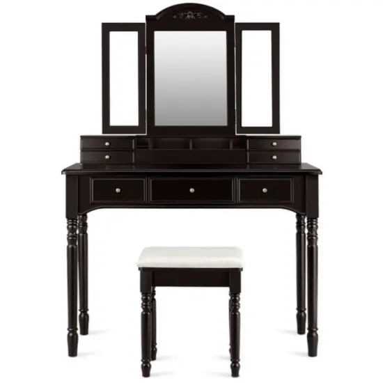 Makeup Dressing Table with Tri-Folding Mirror and Cushioned Stool Perfect for Women White {8}