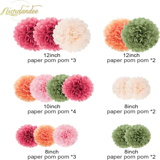 Wedding Party Decorations - 16Pcs Pink, Sage Green, Ivory Tissue Paper Pom Poms for Birthday, Engagement, Baby/Bridal Shower, Anniversary, Pastel Party, Festival Decorations {3}