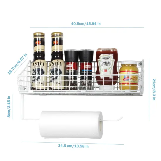 2PCS White Multi-Functional Wall-Mounted Metal Basket Organizer with Foldable Paper Towel Holder &ndash; Space-Saving Storage Shelf for Kitchen, Bathroom, Bedroom & Hallway {2}