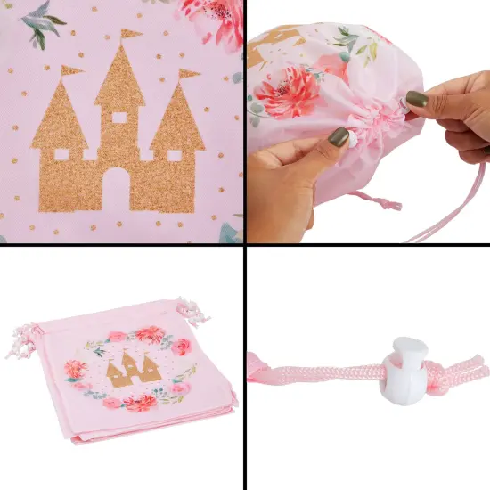 12 Pack Pink Drawstring Gift Bags for Princess Birthday Party Favors, Castle and Rose Print (10 x 12 In) {6}