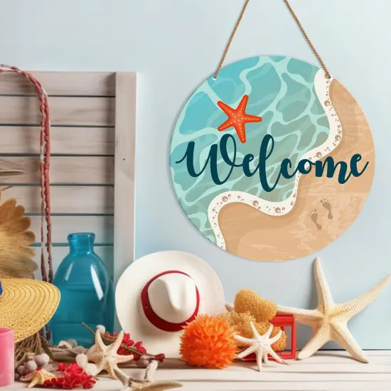 Beach Welcome Sign for Front Door, Summer Beach Welcome Sign Decor for Home Door Coastal House Front Porch Sea Wall Decorations Wooden Hanging Sign {3}