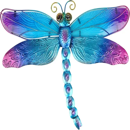 Summer Metal Dragonfly Wall Decor Bathroom Glass Art Iron Sculpture Outdoor Orange Hanging Decoration for Home Bedroom Garden Patio Porch or Fence - Blue {1}