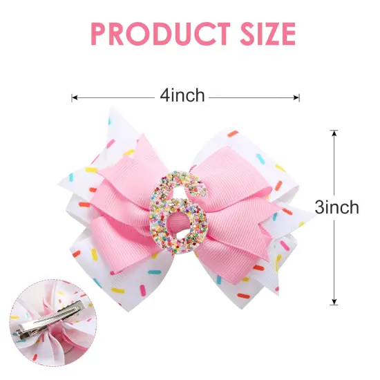 Birthday Hair Bow for Baby Girls 1 2 3 4 5 6 Years Sprinkle Decorations Confetti Ice Cream Party Pink Hair Accessories for 6th Birthday {2}