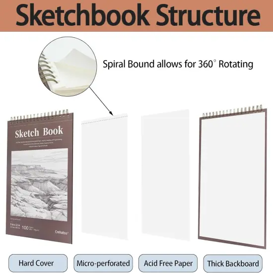 9" x 12" Sketch Book, Top Spiral Bound Sketch Pad, 100 Sheets 68lb/100gsm Drawing Paper, 1 Pack {3}