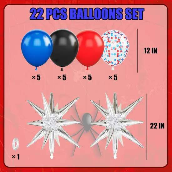 Red Blue Black Balloon Set, Spider Themed Balloons with Silver Boom Star, 12 Inch Latex Balloon with Red Blue Confetti Balloons for Boys Birthday Party Decoration {2}