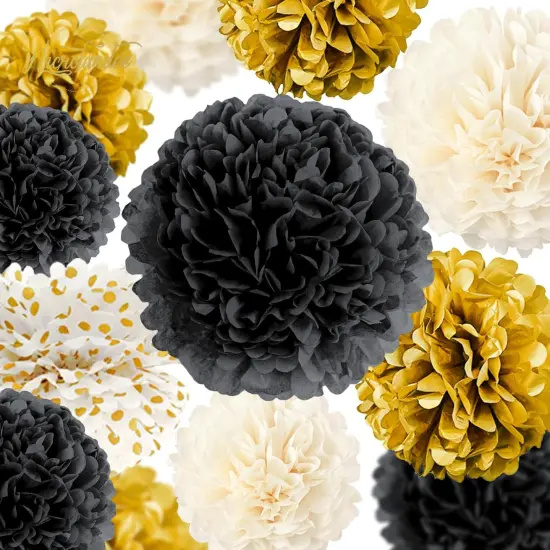 Black Gold Party Decorations - 12 PCS Black Gold White Tissue Paper Pom Poms for Wedding, Birthday, Bridal Shower, Prom, Graduation, Festival Decorations, 2025 New Years Decor {2}