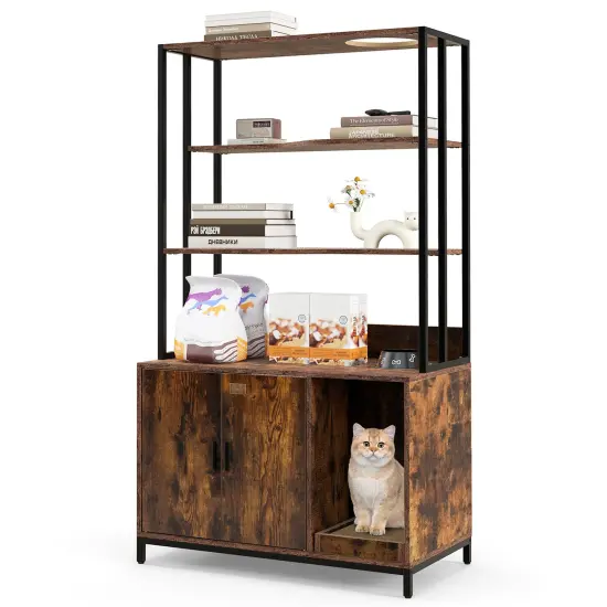 MDF Metal Cat Cabinet with Scratcher, Cat Litter Box Enclosure , Storage and Side Entry Rustic Brown {7}
