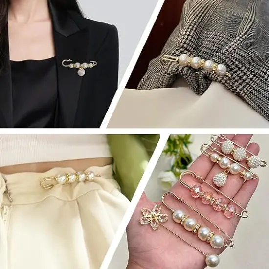 32 Pcs Pearl Brooch Safety Pins for Clothes Dress Jeans Skirt Pants Faux Pearl Rhinestones Sock Charms Pins for Women Waist Decoration Tightener Safety Pins {3}