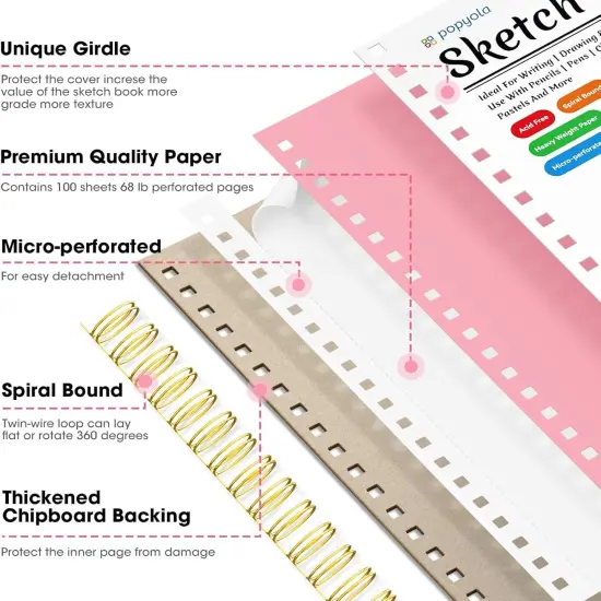 9" x 12" Sketch Book with Bookmark Ruler, 2 Pack 100 Sheets Spiral Sketchbook for Drawing (68lb/100gsm), Acid Free Sketch Pad Artist Sketching Drawing Paper for Kids Teens Adults, Pink {2}