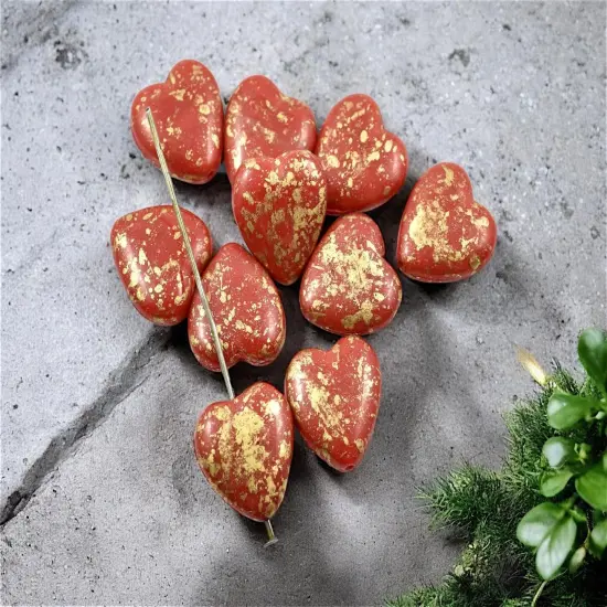 *10* 14mm Gold Splattered Red Opal Heart Beads {2}