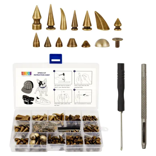 150-Piece Bronze Spikes and Studs Set, 13 Assorted Shapes with Screws, Phillips Screwdriver, Hole Punch Tool, and Plastic Storage Case for Crafts and Clothing Decorations Brown {1}