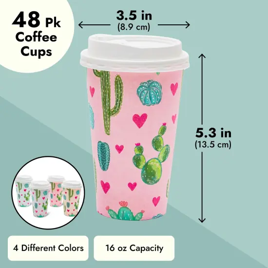 48 Pack Disposable 16oz Coffee Cups with Lids - Cactus Party Supplies - Paper To Go Cup for Themed Birthday Parties, Weddings, Baby Showers Multicolor {4}