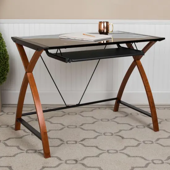 Emma and Oliver Glass Computer Desk-Pull-Out Keyboard Tray & Crisscross Frame ClearTop/CherryFrame {7}