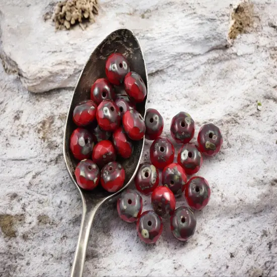 *25* 6x8mm Opaque Lipstick Red Picasso Firepolished Rondelle Beads {2}