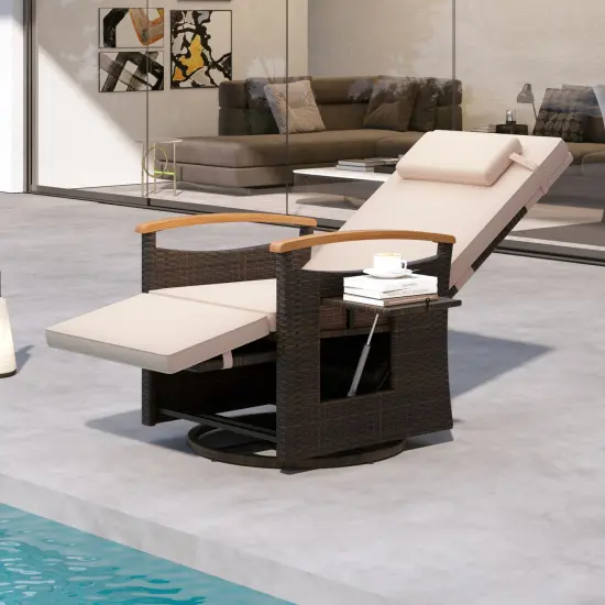 Patio Rattan 360&deg; Swivel Recliner Chair with Adjustable Backrest and Footrest Beige {4}