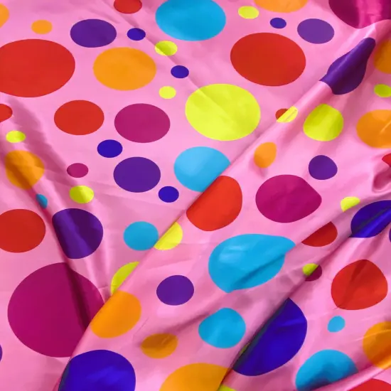 1 Yard Multicolor Polka Dot Satin Fabric Candy Pink Background Lightweight Semi Shiny Polyester 58 Inch Width {2}