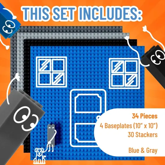 Strictly Briks 4 Pack Classic Stackable Baseplates 10x10 in, with 32 x 32 Studs, Towers, Shelves, 100% Compatible with All Major Brands, 4 Plates & 30 Stackers, Black/Blue/Gray, Ages 3-14 Multicolor {3}
