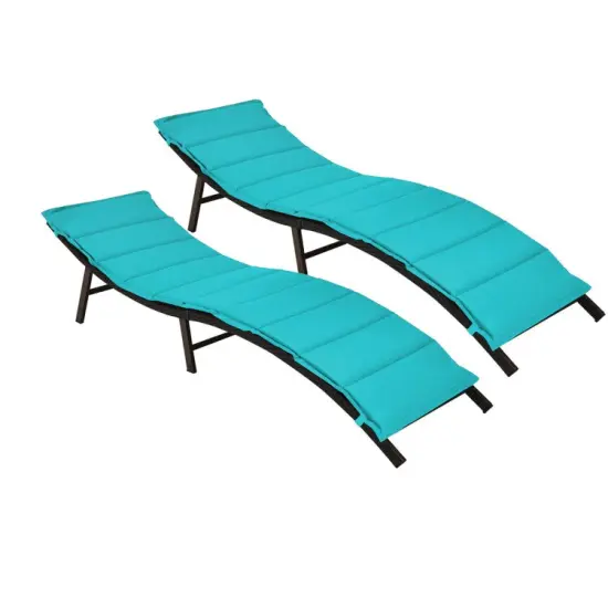 Foldable Wicker Chaise Lounge Set with Cushions, Steel Frame, Red/Turquoise - No Assembly Required, {7}