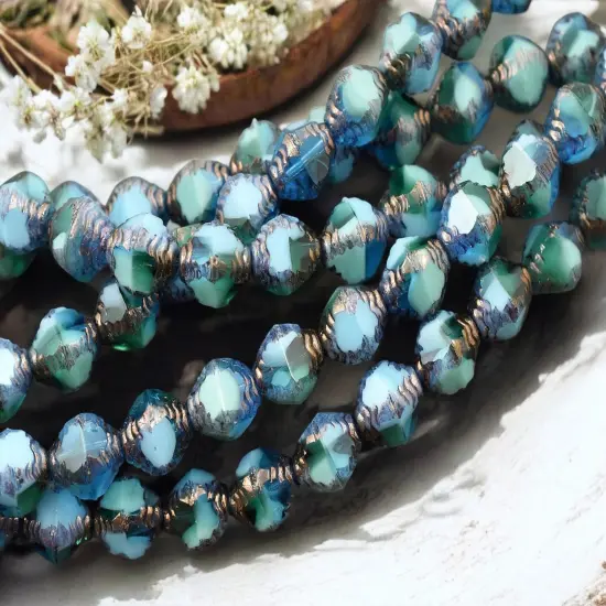 *15* 8x10mm Bronze Washed Caribbean Turquoise Faceted Bicone Beads {3}