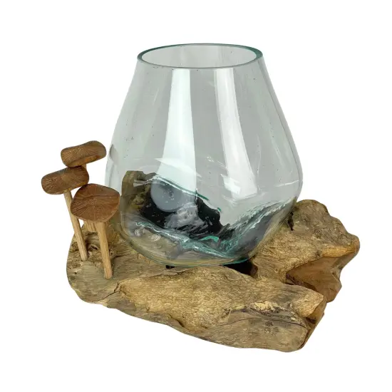 Handcrafted Glass and Teak Vase with Wood Mushroom Embellishments, Rustic Accent Brown {1}