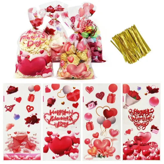 Wrapables Valentines Cellophane Treat Bags With Twist Ties for Candy, Cookies, Treats, Gifts and Party Favors (100pcs), Happy Valentines {1}