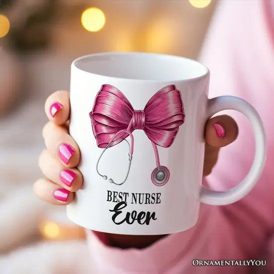 Best Nurse Coquette Pink Bow Mug, Pink Stethoscope, Gift for Nurse {2}