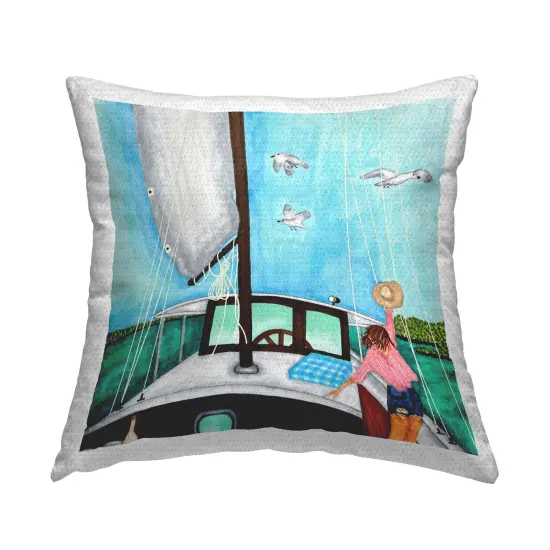 Woman on Summer Boat Design by Ale Saiz Studio Outdoor Printed Pillow  {1}